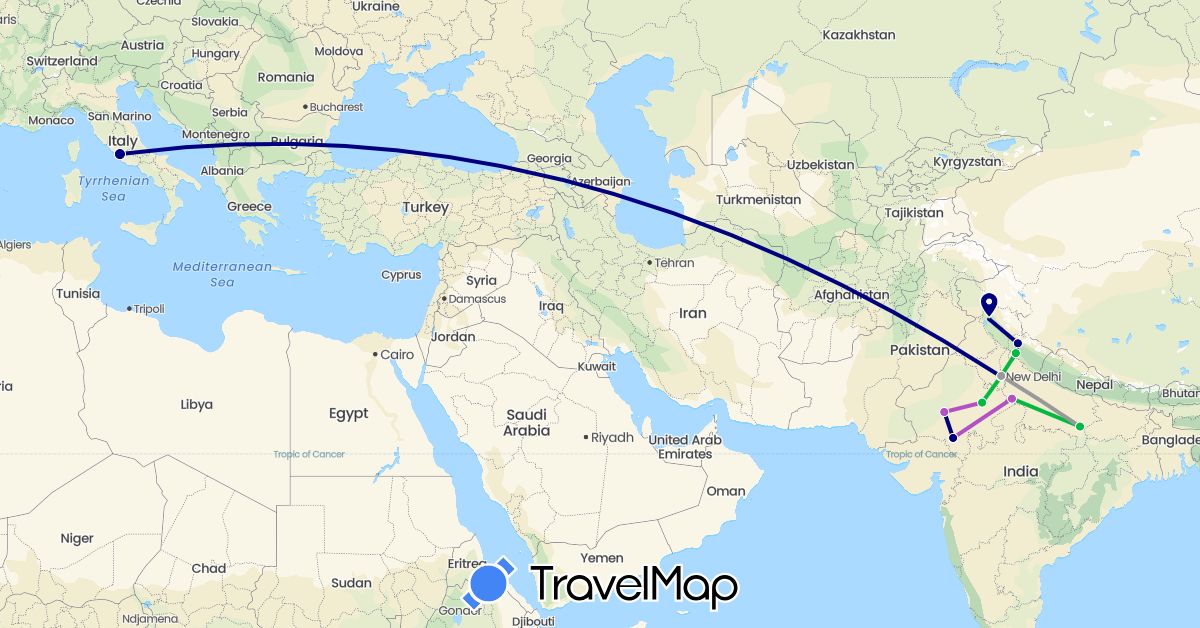 TravelMap itinerary: driving, bus, plane, train in India, Italy (Asia, Europe)